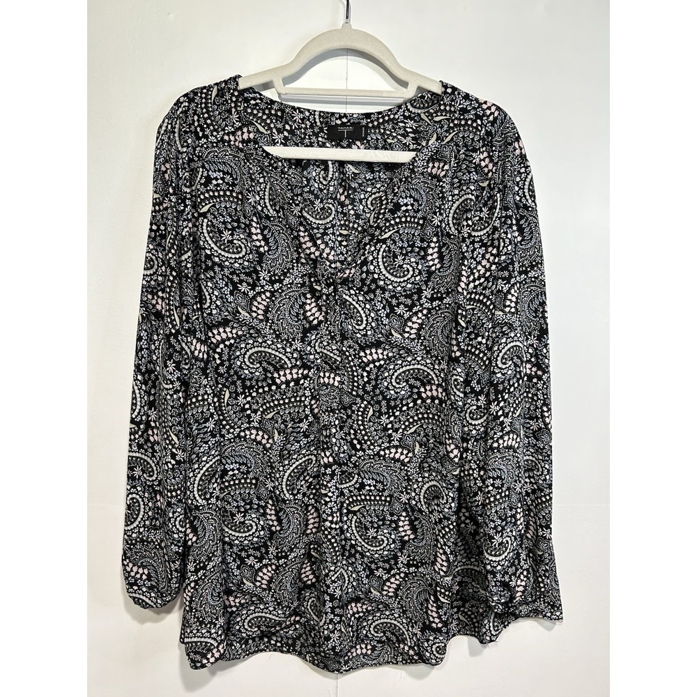 Tahari Paisley Floral‎ Blouse Womens XXL Navy Blue Pink Long Sleeve V-Neck Top